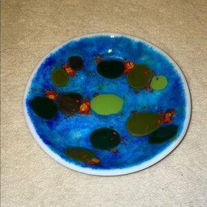 Vibrant Blue and Green Olive Plate Handmade Glass 5” diameter